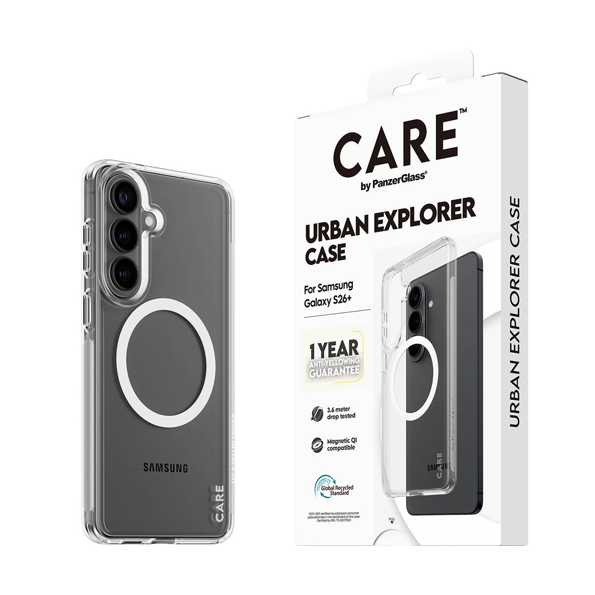 CARE™ by PanzerGlass® Urban Explorer Case Transparent w. White Qi Samsung Galaxy S26+